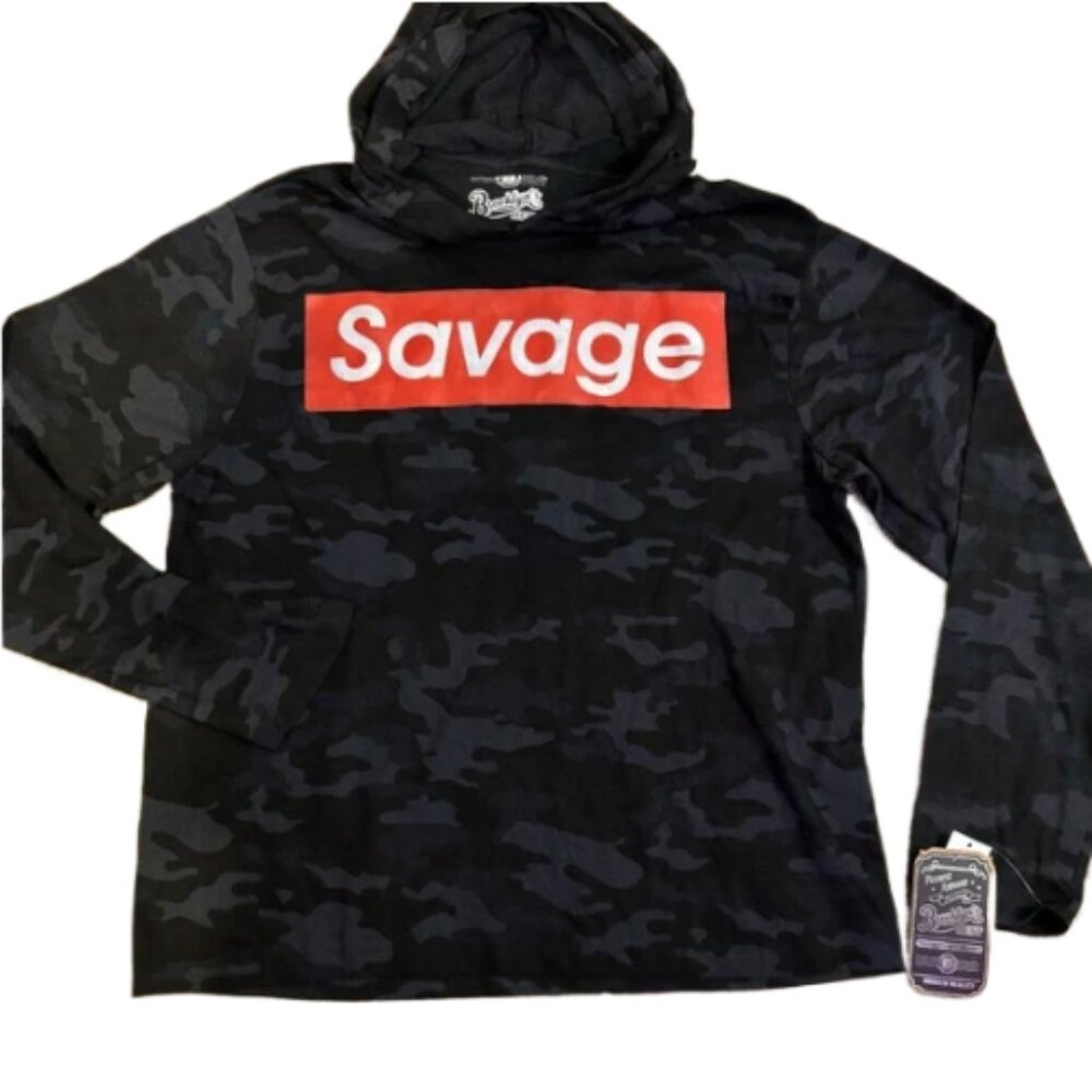 NWT, Brooklyn's Best Boy's Black Camouflage Hoodie with Red 'Savage' Print, Larg